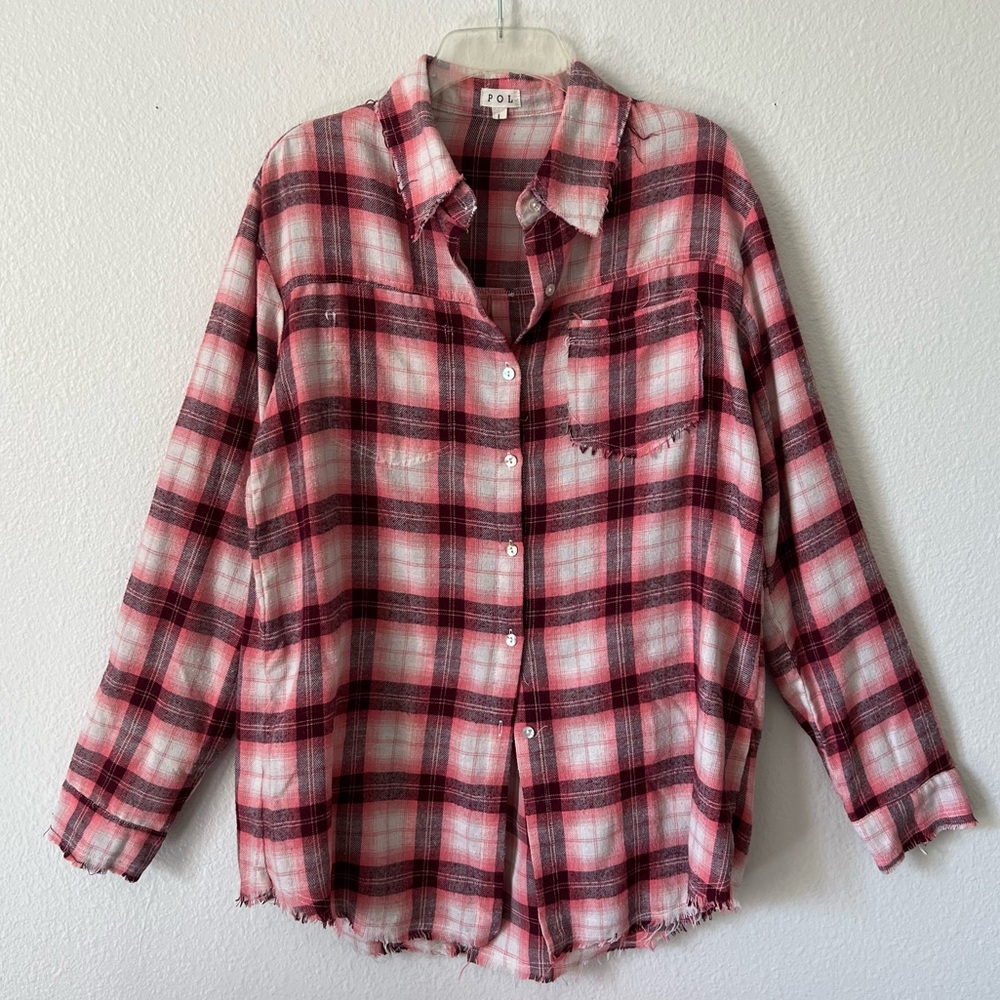 POL Pink & Black Flannel Button Up Top